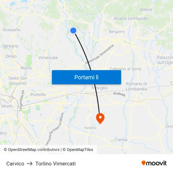 Carvico to Torlino Vimercati map