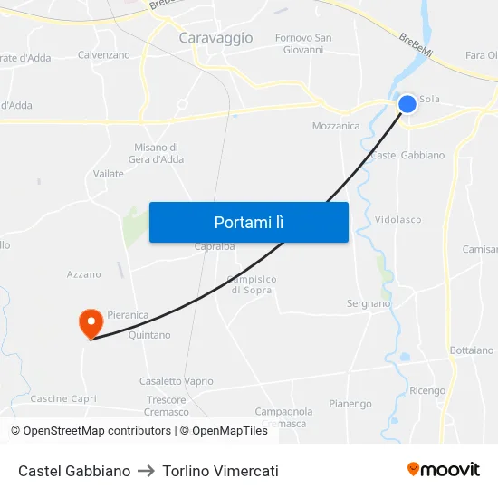 Castel Gabbiano to Torlino Vimercati map