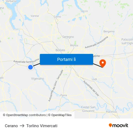 Cerano to Torlino Vimercati map