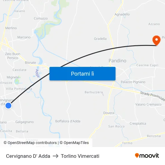 Cervignano D' Adda to Torlino Vimercati map
