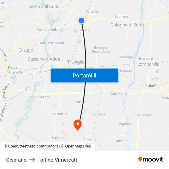 Ciserano to Torlino Vimercati map