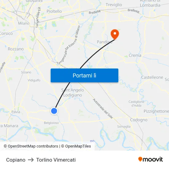 Copiano to Torlino Vimercati map