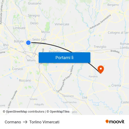 Cormano to Torlino Vimercati map