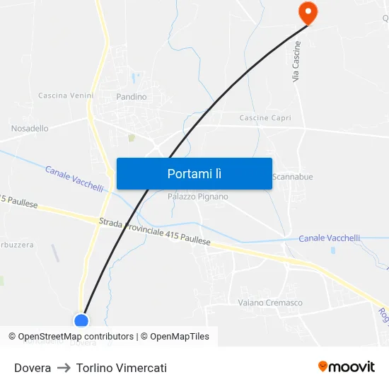 Dovera to Torlino Vimercati map