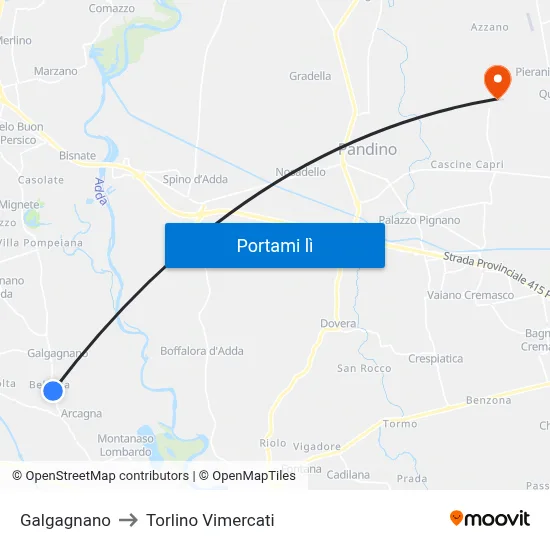 Galgagnano to Torlino Vimercati map