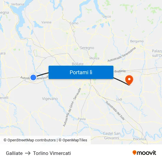 Galliate to Torlino Vimercati map