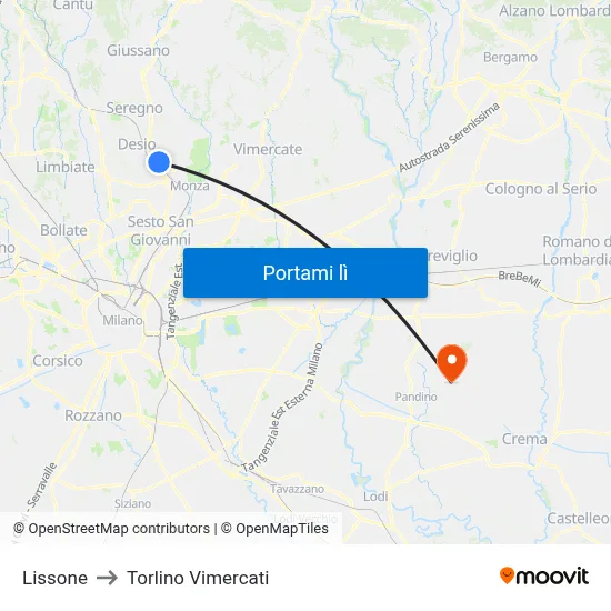 Lissone to Torlino Vimercati map