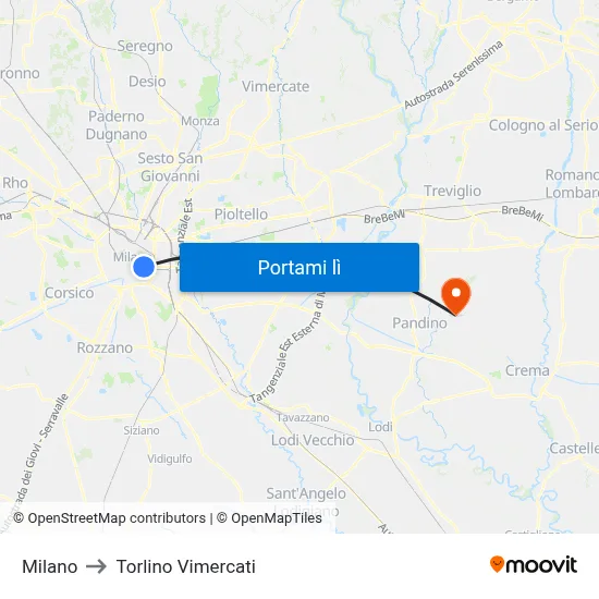 Milano to Torlino Vimercati map