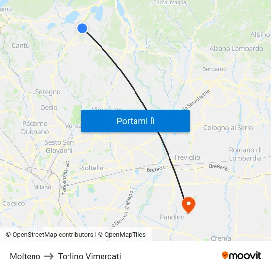 Molteno to Torlino Vimercati map