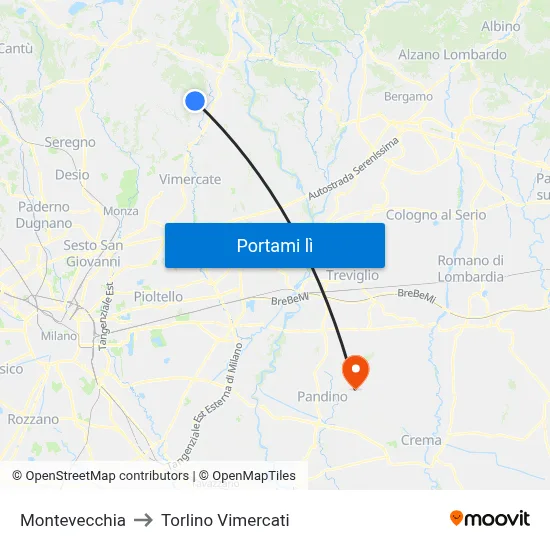 Montevecchia to Torlino Vimercati map