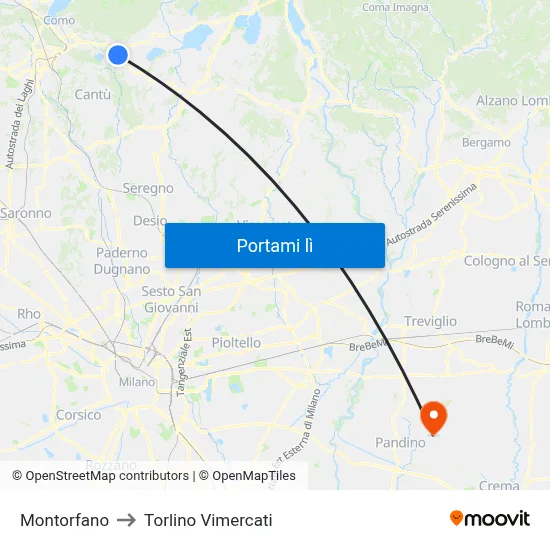 Montorfano to Torlino Vimercati map