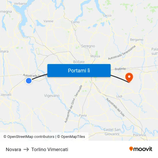 Novara to Torlino Vimercati map