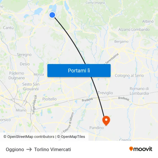 Oggiono to Torlino Vimercati map