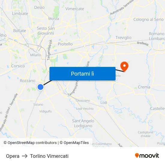 Opera to Torlino Vimercati map