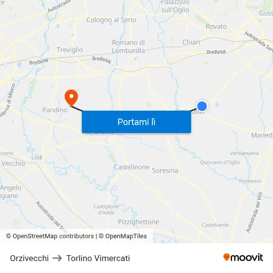 Orzivecchi to Torlino Vimercati map