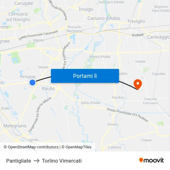 Pantigliate to Torlino Vimercati map