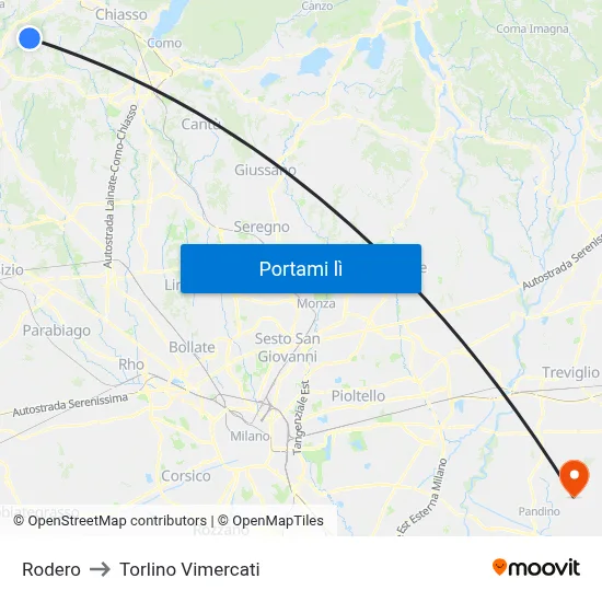 Rodero to Torlino Vimercati map