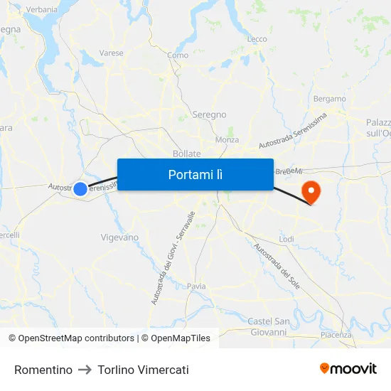 Romentino to Torlino Vimercati map