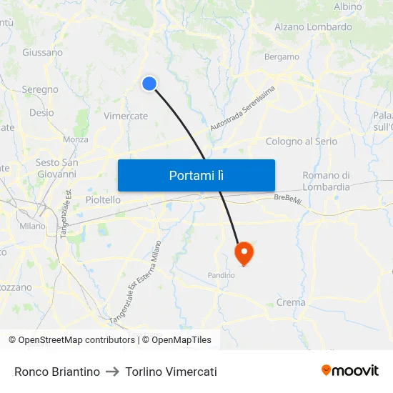 Ronco Briantino to Torlino Vimercati map