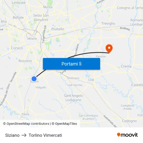 Siziano to Torlino Vimercati map