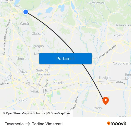 Tavernerio to Torlino Vimercati map