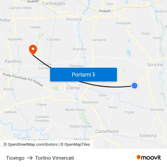 Ticengo to Torlino Vimercati map