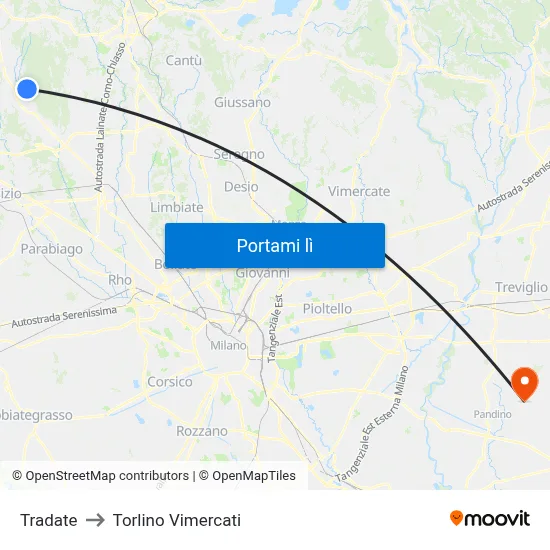 Tradate to Torlino Vimercati map