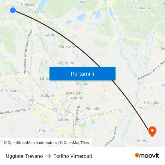 Uggiate-Trevano to Torlino Vimercati map