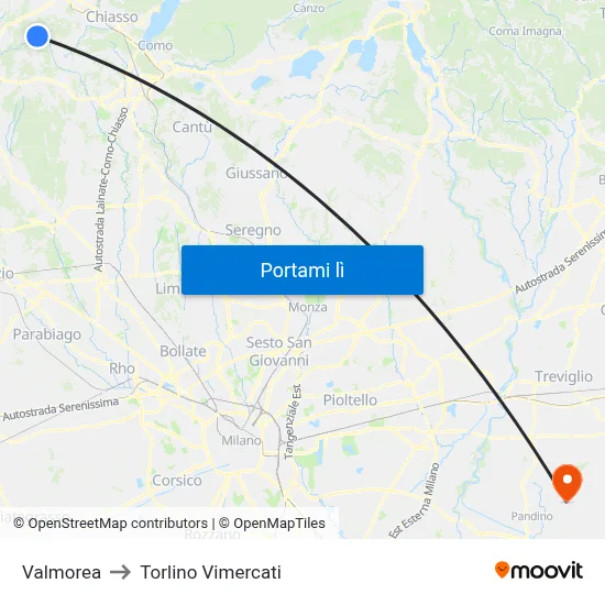 Valmorea to Torlino Vimercati map