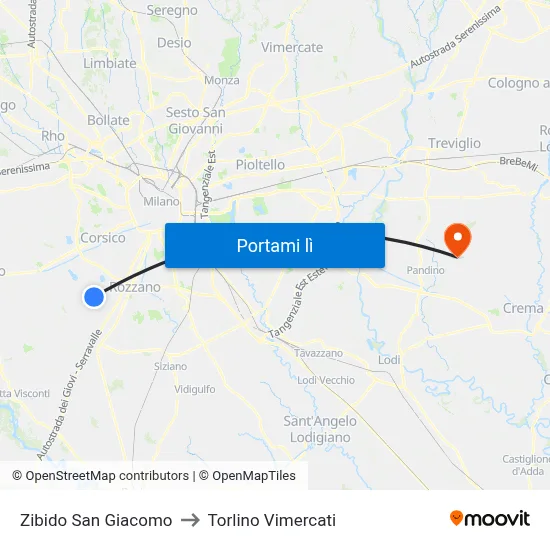 Zibido San Giacomo to Torlino Vimercati map