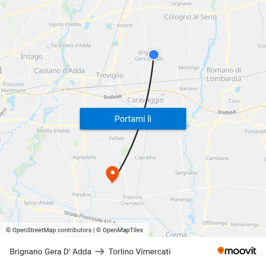 Brignano Gera D' Adda to Torlino Vimercati map