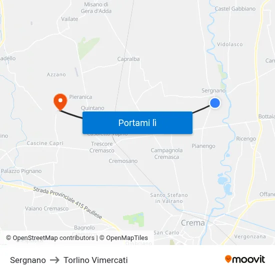 Sergnano to Torlino Vimercati map