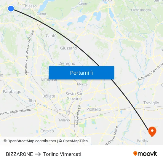 BIZZARONE to Torlino Vimercati map