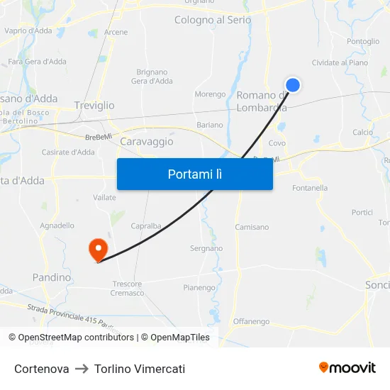 Cortenova to Torlino Vimercati map
