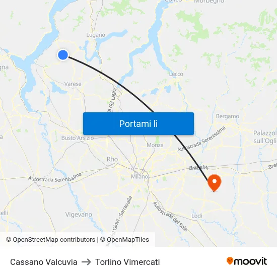 Cassano Valcuvia to Torlino Vimercati map
