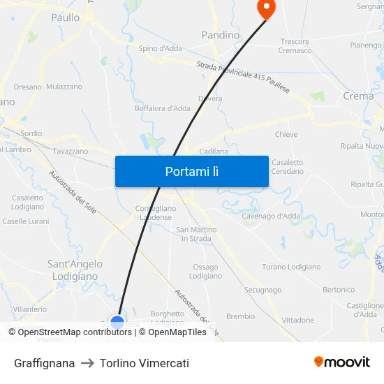 Graffignana to Torlino Vimercati map