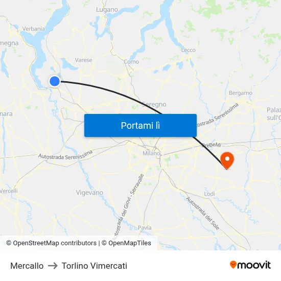 Mercallo to Torlino Vimercati map