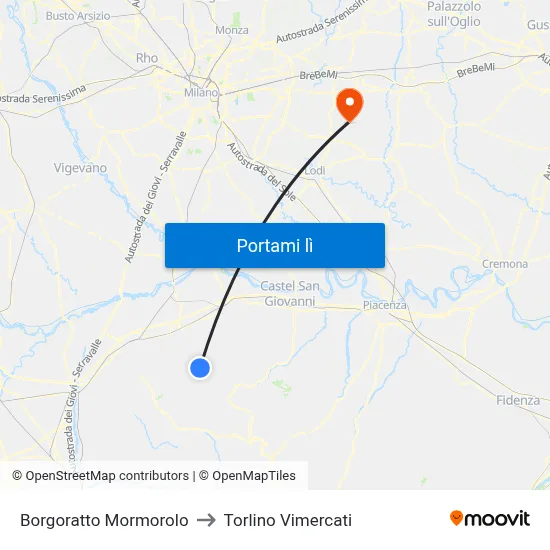 Borgoratto Mormorolo to Torlino Vimercati map