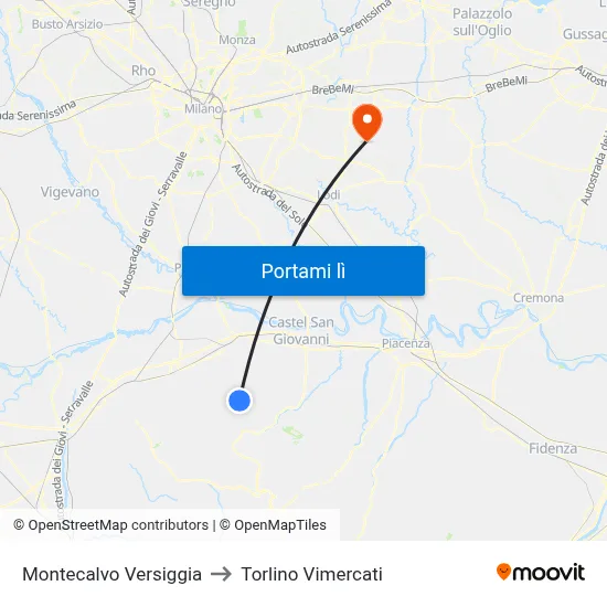 Montecalvo Versiggia to Torlino Vimercati map