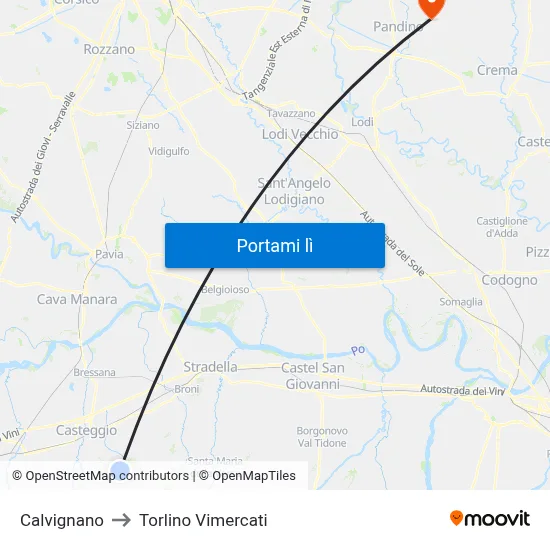 Calvignano to Torlino Vimercati map
