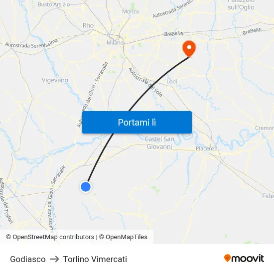 Godiasco to Torlino Vimercati map