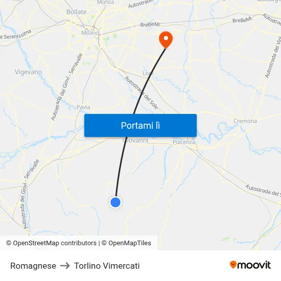 Romagnese to Torlino Vimercati map