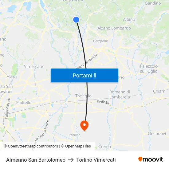 Almenno San Bartolomeo to Torlino Vimercati map