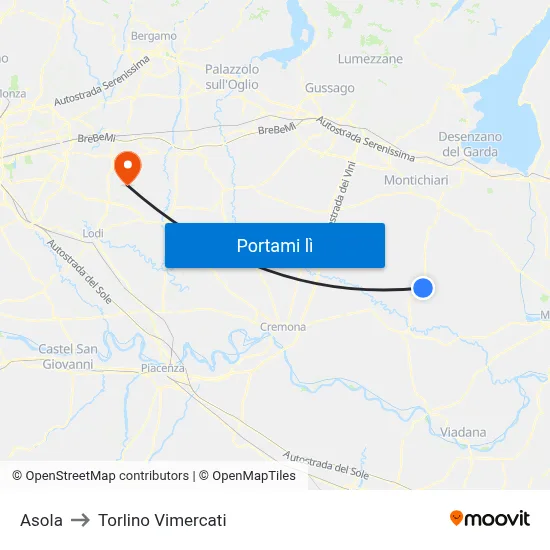 Asola to Torlino Vimercati map