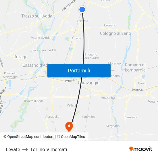 Levate to Torlino Vimercati map