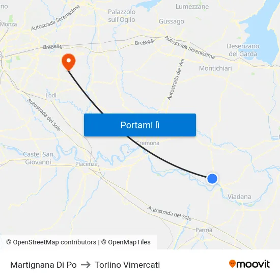 Martignana Di Po to Torlino Vimercati map