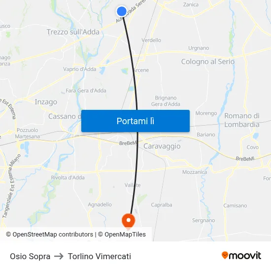 Osio Sopra to Torlino Vimercati map