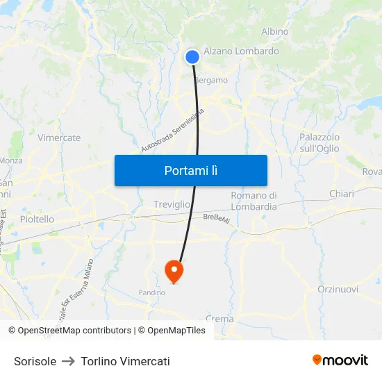 Sorisole to Torlino Vimercati map
