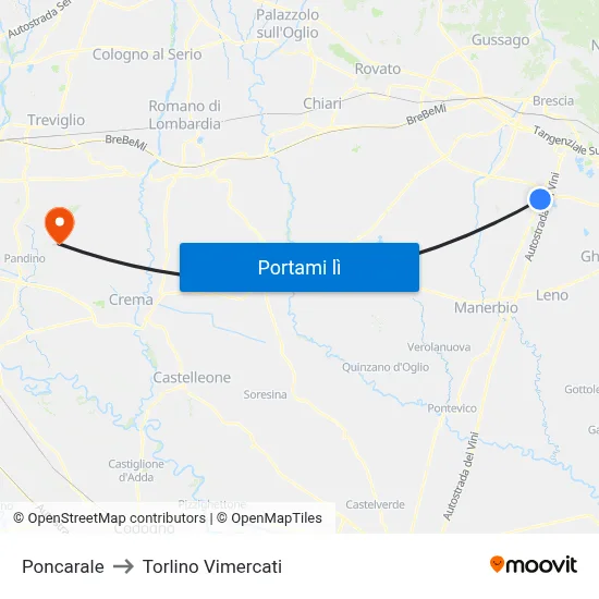 Poncarale to Torlino Vimercati map