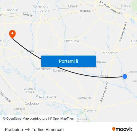 Pralboino to Torlino Vimercati map